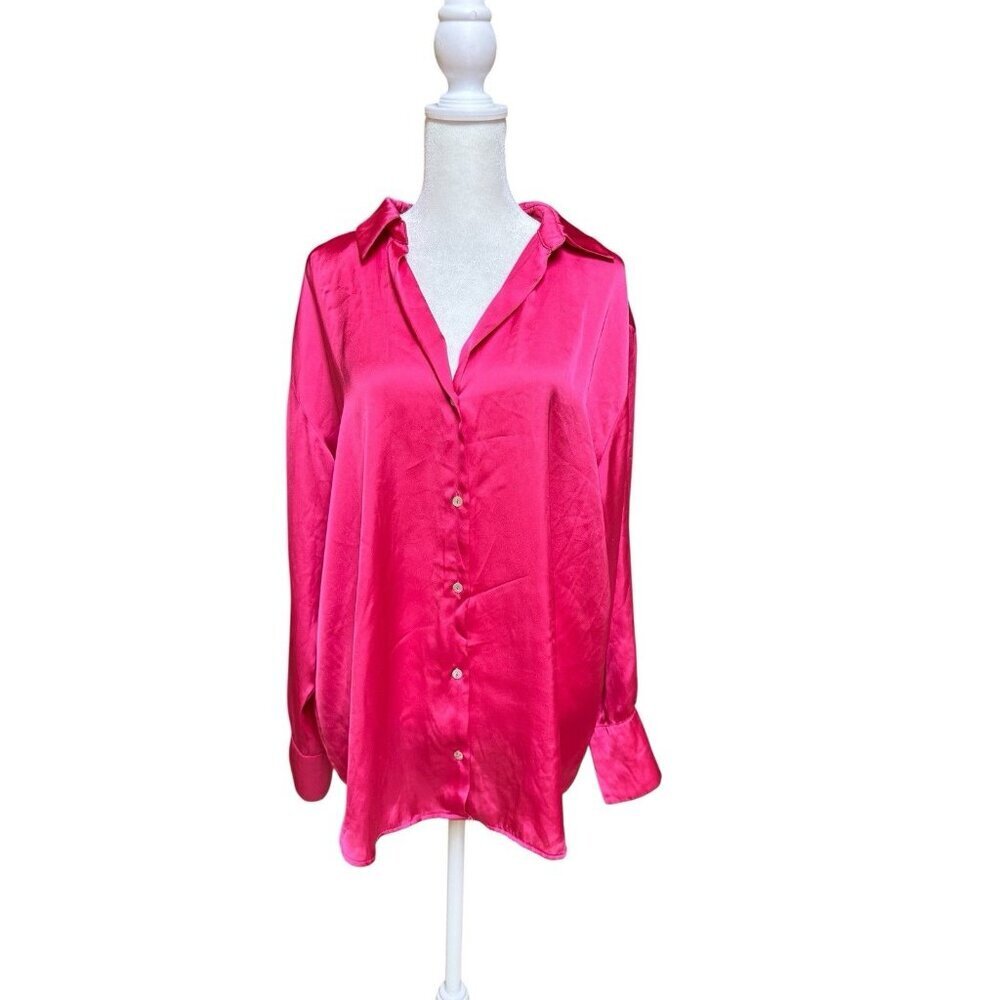 Zara Satin Button Front Blouse Womens XL Hot Pink Long Sleeve Shirt